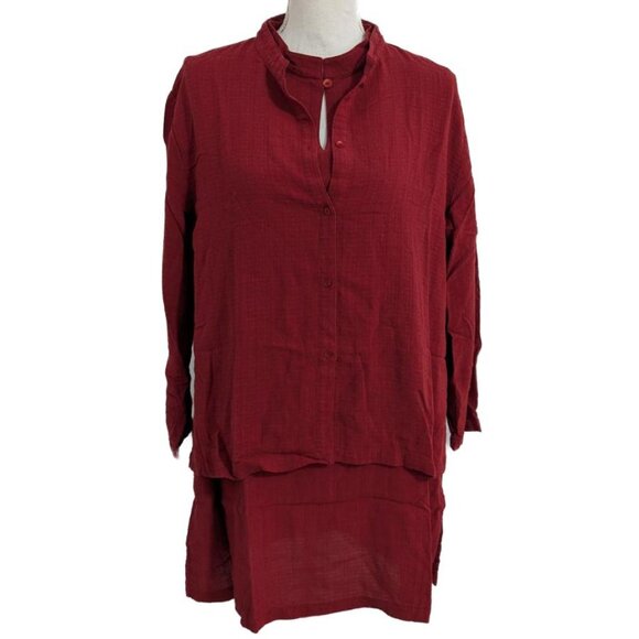 Eileen Fisher Red Button-Down Linen-Blend Long-Sleeve Shirt with Mandarin Collar - Picture 8 of 8